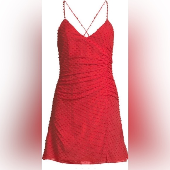 NWT Alice + Olivia Daria Ruched Poppy Red Silky Cotton Swiss Dot Mini Dress - Picture 4 of 5